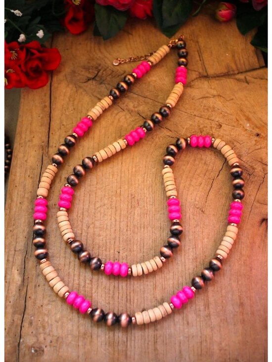 Jewelry - Long Pink Copper Tan Beads Crystal Southwestern Necklace